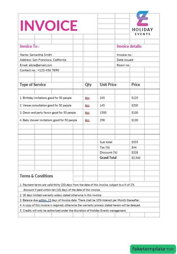 Feature of fake Event Planner invoice example